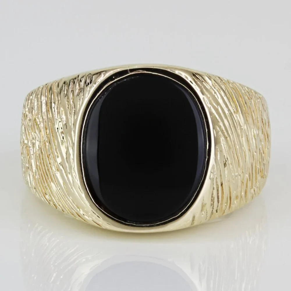 Vintage 14K Yellow Gold Oval Onyx Ripple Textured Anniversary Cocktail Ring - Picture 3 of 7